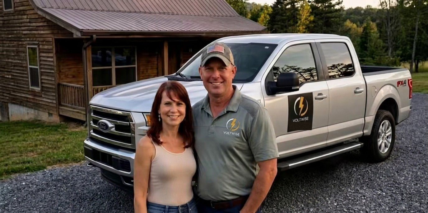 The people behind VoltWise Electric standing with the company truck
